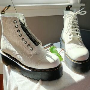 Dr. Martens White Leather Platform Combat Boots with Black Lug Sole